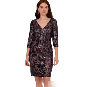 Adrienne Papell Studio Navy Rose Gold Sequin Floral V-Neck Sheath Dress 10 NWT